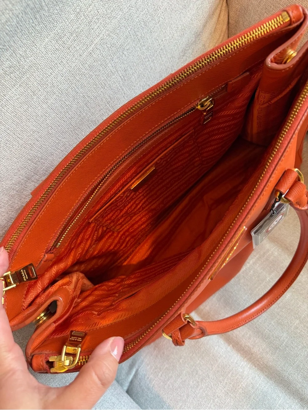 Prada Orange Saffiano Double-Handle Tote with Gold Hardware